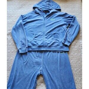 Ocean Blue Terry Sweatsuit Set Crop Pants & Full Zip Hoodie Jacket Size XL